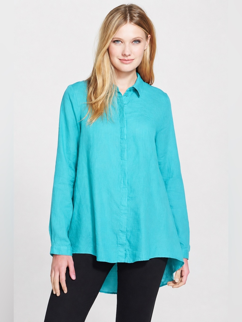 Eileen Fisher Organic Cotton Shirt XL Teal Woven Lagenlook Minimalist Artsy